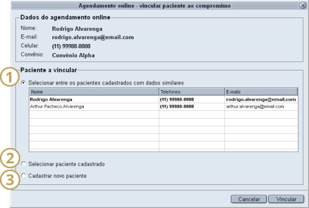 Tela de vinculação do compromisso a um paciente cadastrado no HiDoctor® Vincular paciente