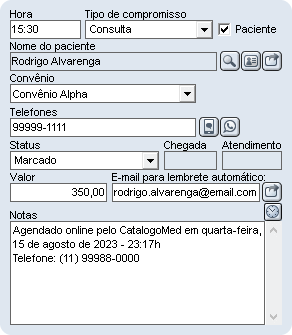 Detalhes do compromisso agendado online Notas do compromisso