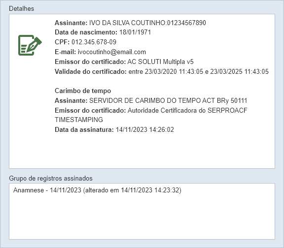 Detalhes do registro assinado Detalhes do registro assinado