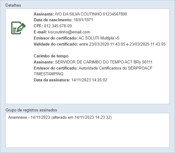 Detalhes do registro assinado