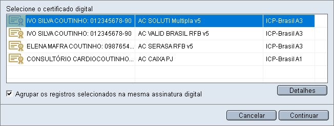 Certificados disponíveis para assinatura