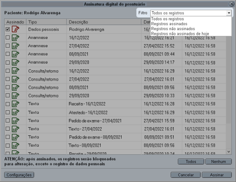 Tela de assinatura digital com registros assinados e pendentes Tela de assinatura digital com registros assinados e pendentes