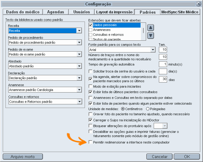 Opção nas configurações para ativar o redimensionamento do HiDoctor
